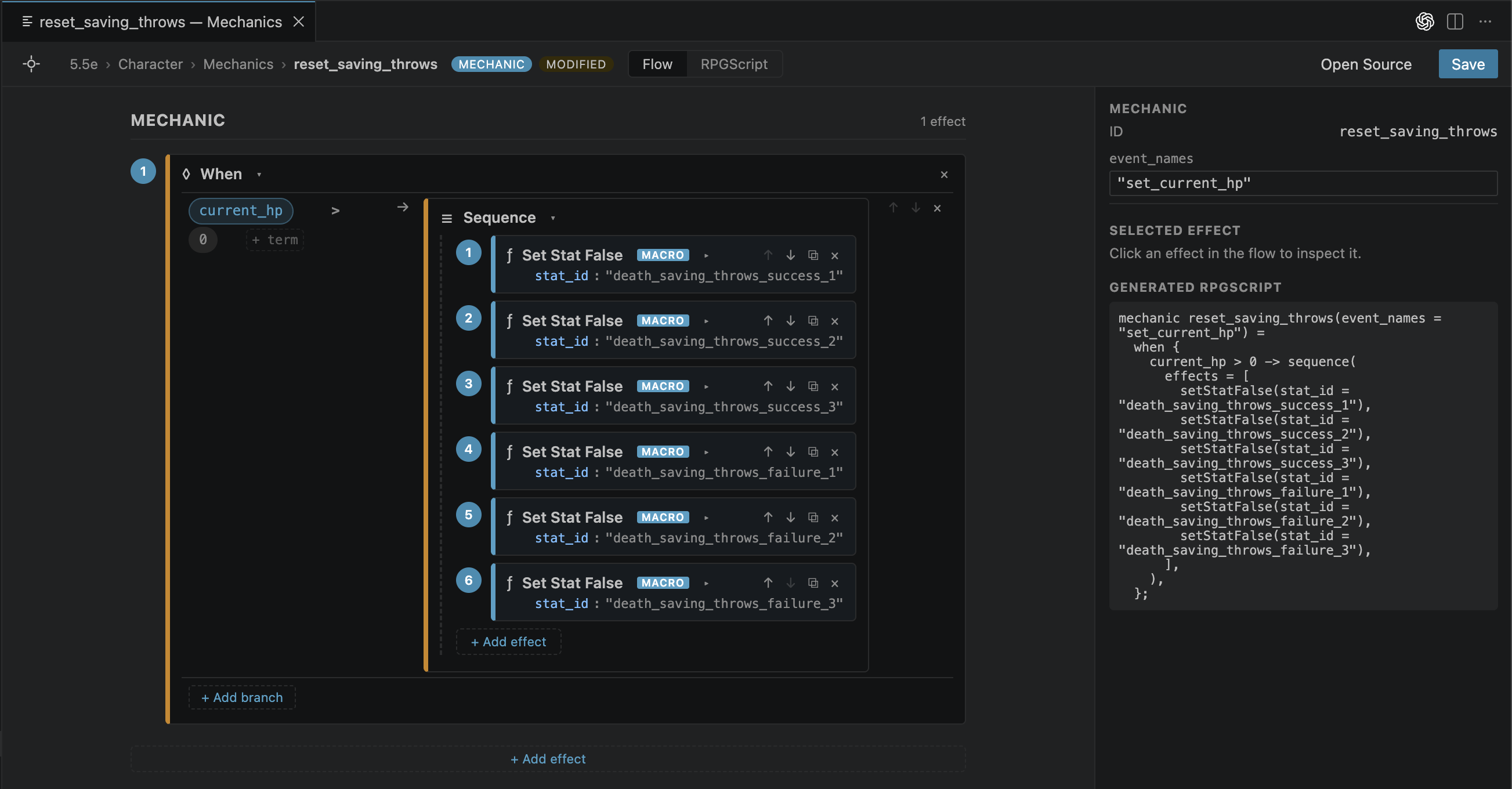 The mechanics flow editor showing a When block that runs a Sequence of effects, with an inspector and the generated RPGScript alongside.