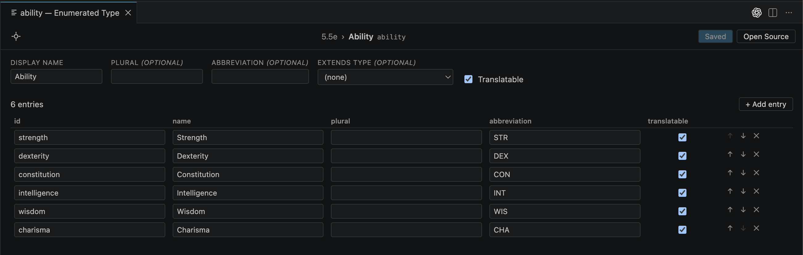 The Enumerated Type editor for a system's abilities, with editable display name and per-entry id, name, plural, abbreviation, and translatable fields.
