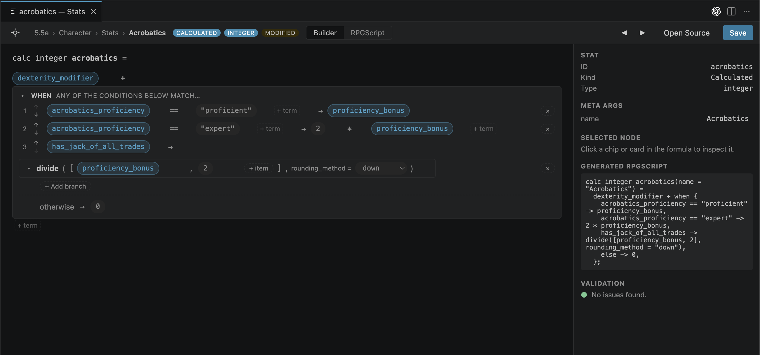 The Stats Builder editing a calculated stat: a chip-based formula with a conditional when block and branches, a Selected Node inspector, the generated RPGScript, and a validation panel.