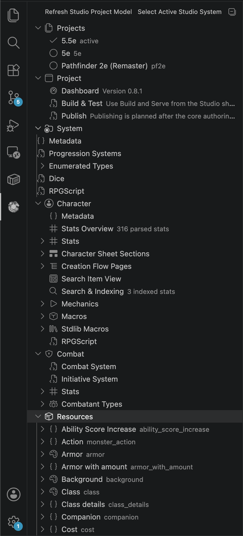 The RPG Studio navigator in the VS Code sidebar, showing a system's Metadata, Enumerated Types, Character, Combat, and Resources branches.